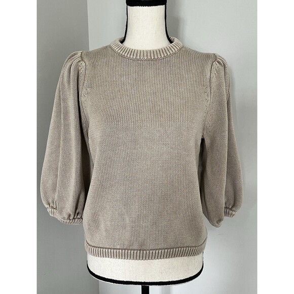 Demylee New York Cotton Puff Sleeve Sweater Light Tan Medium EUC - Picture 1 of 7